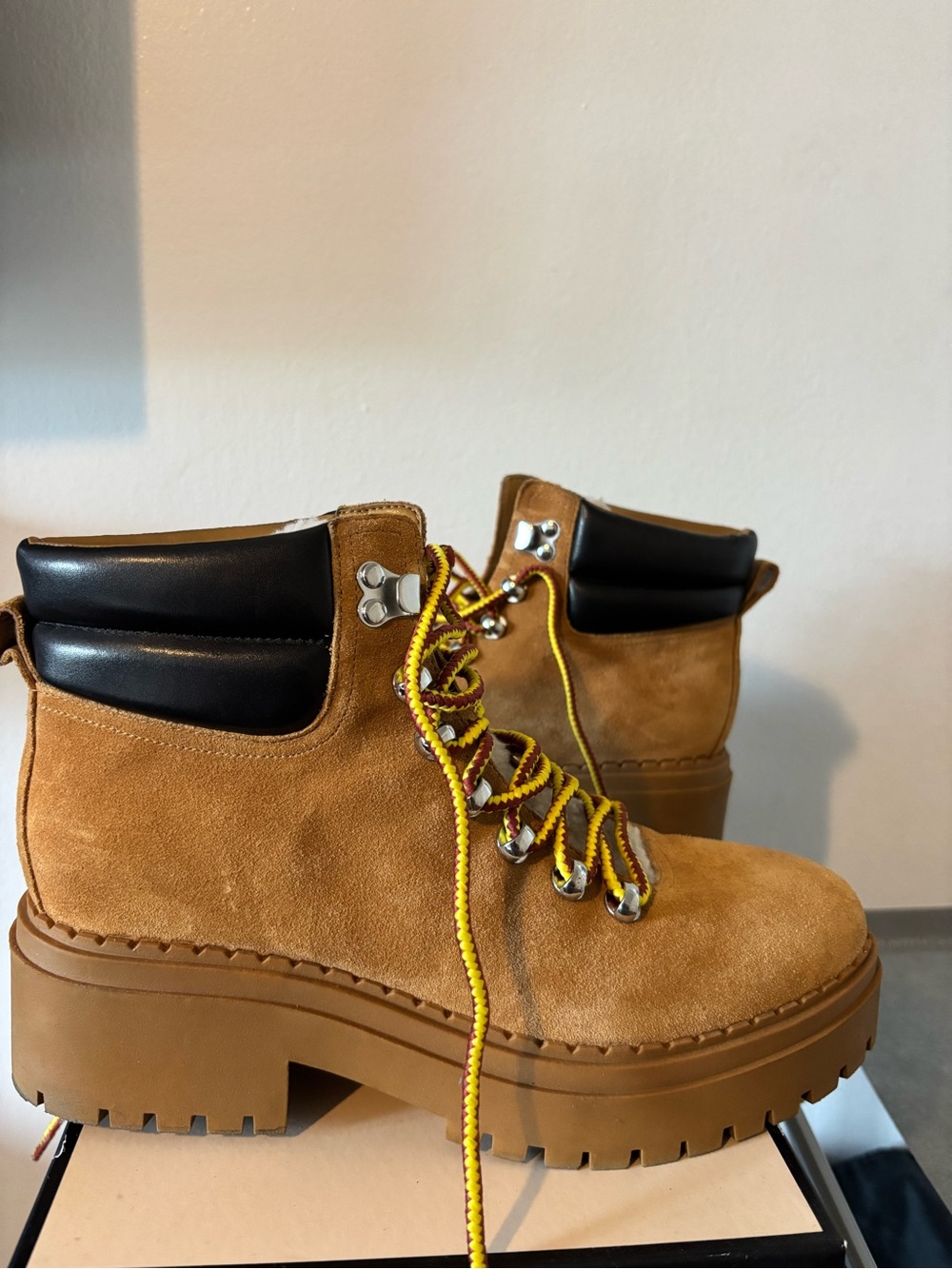 Marc Fisher Women’s Tan Suede Platform Hiking Boot with Black Leather Collar